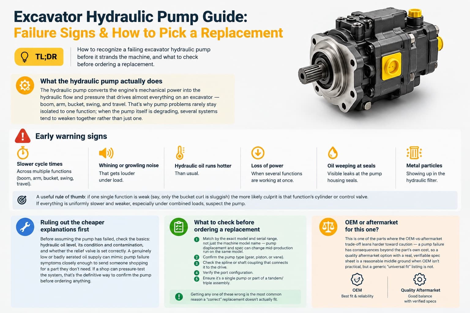 Excavator Hydraulic Pump Guide: Failure Signs & How to Pick a Replacement
